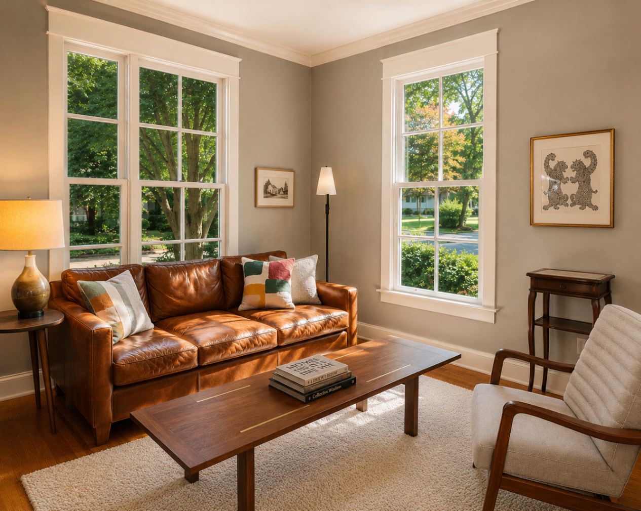 Living room with tall windows and leather sofa