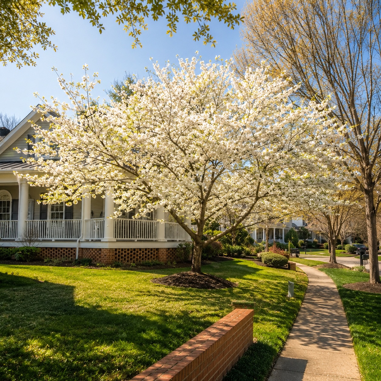 A dogwood tree blooms beside a front porch on a quiet Oak Park street