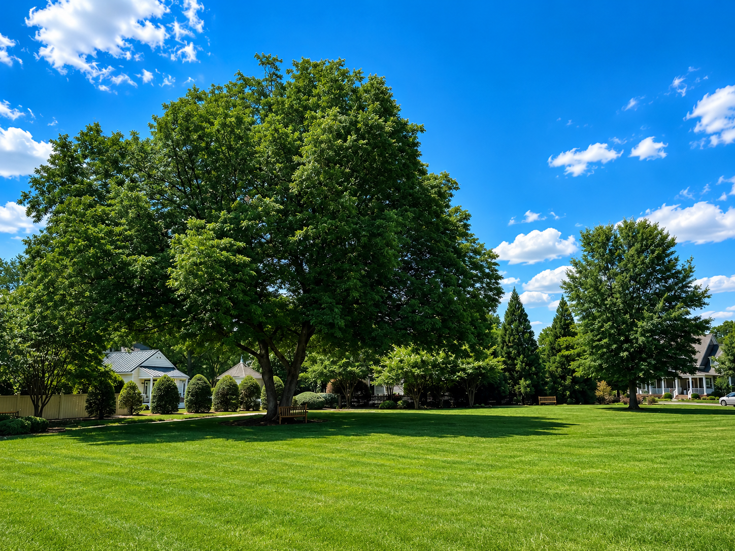 A wide, shared community lawn in Oak Park anchored by a mature shade tree with neighborhood homes and benches at its edge