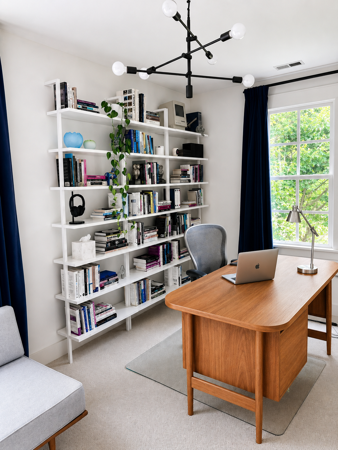 Home office with mid-century walnut desk, Aeron chair, and floor-to-ceiling bookshelves