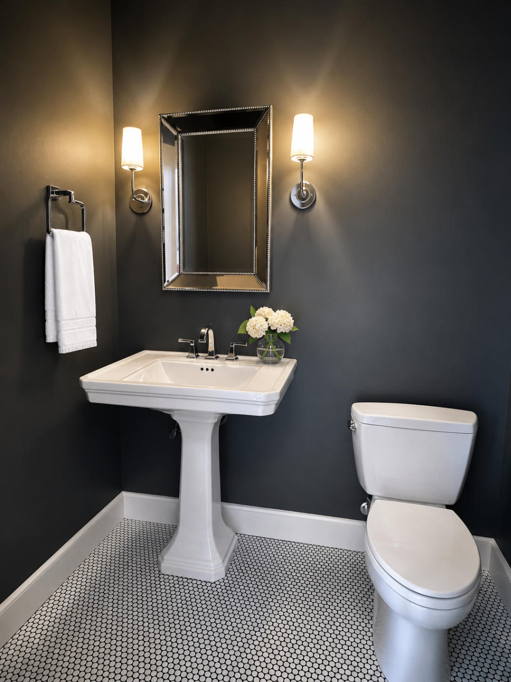 Powder room with charcoal walls and pedestal sink
