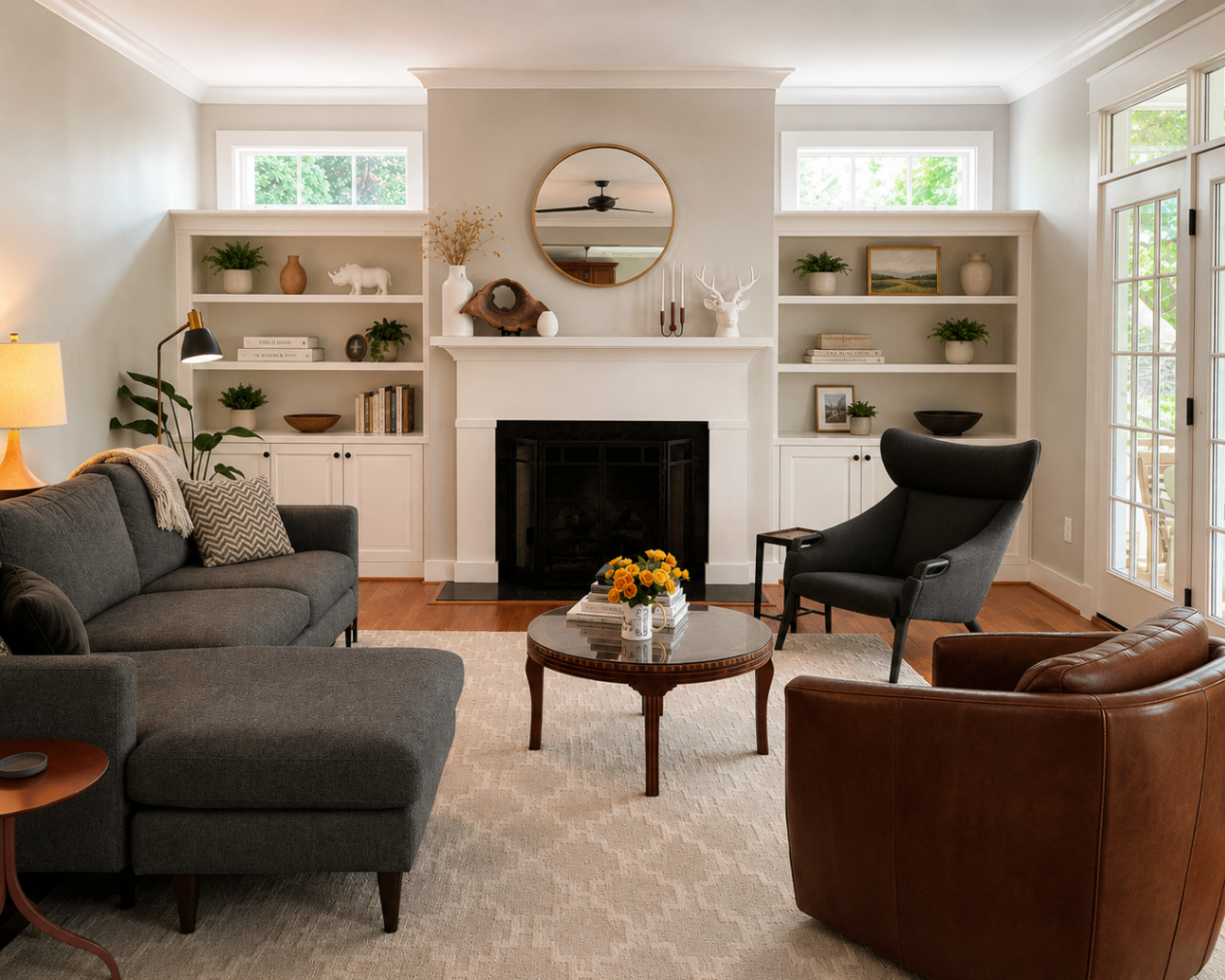 Family room with fireplace and built-in shelves